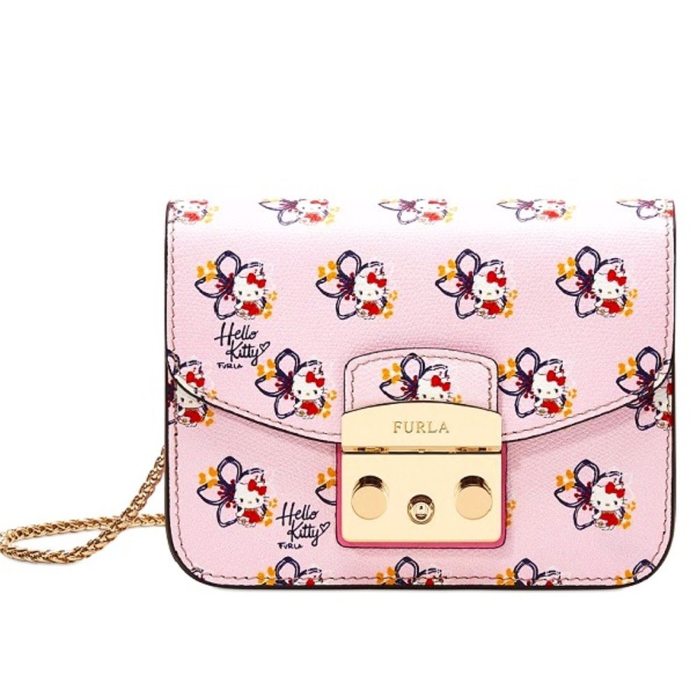 Furla x Hello Kitty Pink Floral Print Leather Crossbody Handbag
